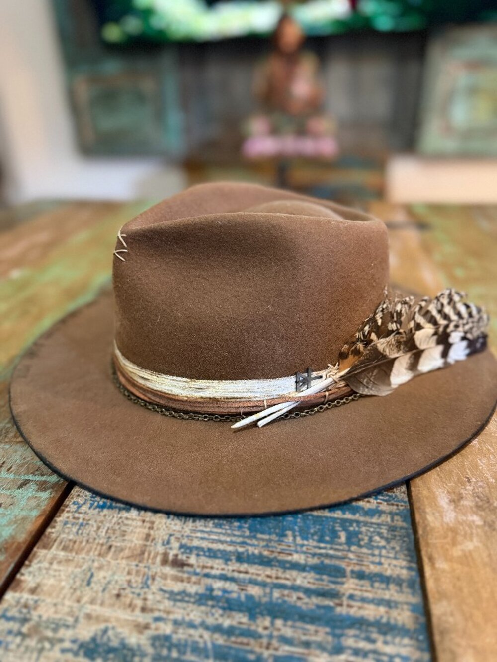 Custom Distressed Western Felt Hat Feather Leather Chain Size 61